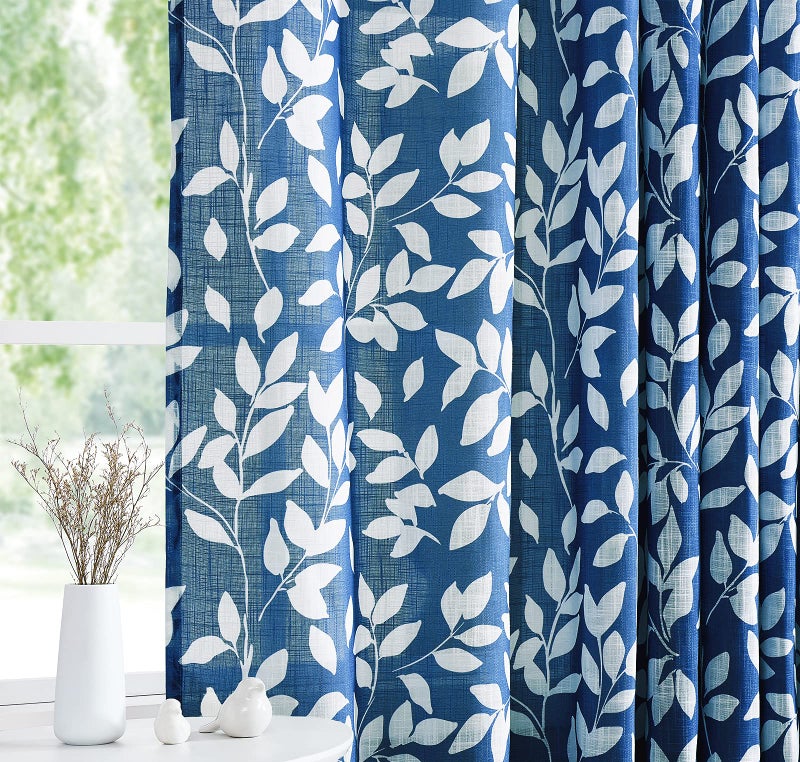 Treatmentex Blue White Kitchen Curtains 24" Small Tier Curtains Bathroom Basement Window Curtain Set Navy Leaf Print 2 Panels - Image 4